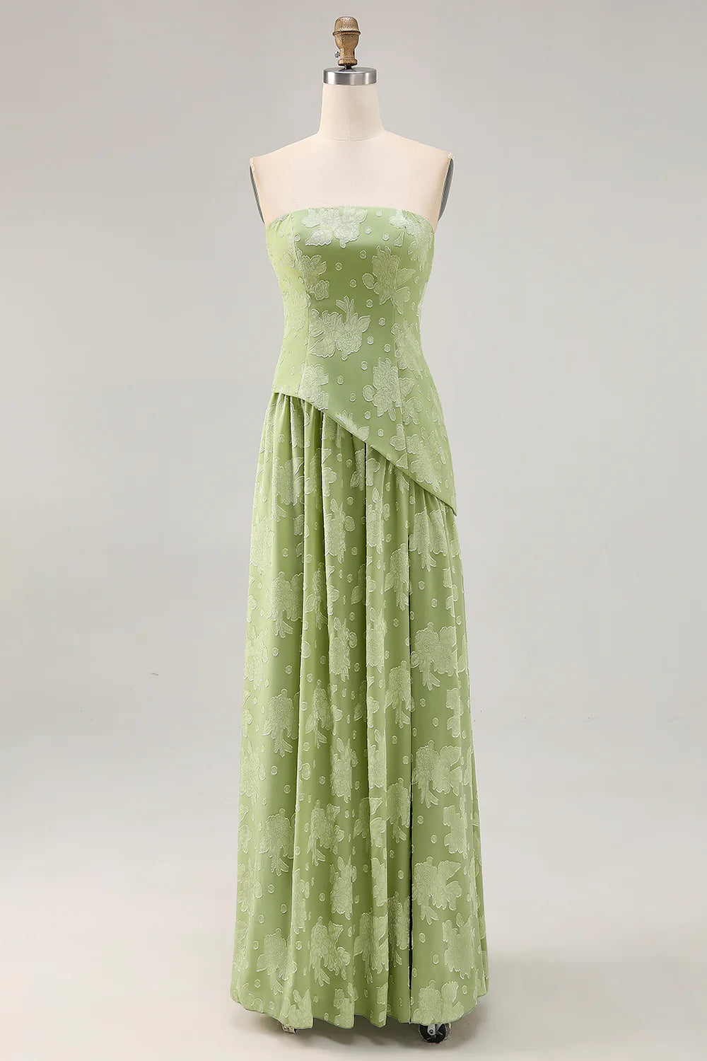 Sage Green A-Line Strapless Floral Long Bridesmaid Dress