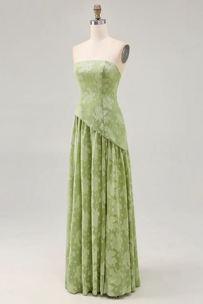 Sage Green A-Line Strapless Floral Long Bridesmaid Dress