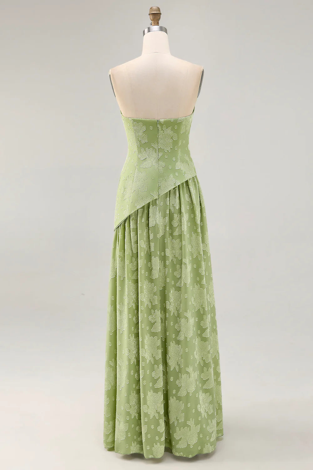 Sage Green A-Line Strapless Floral Long Bridesmaid Dress