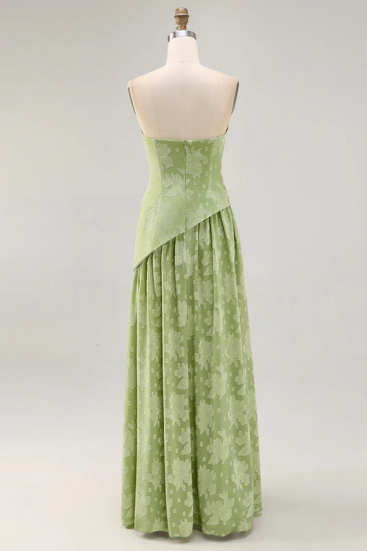 Sage Green A-Line Strapless Floral Long Bridesmaid Dress