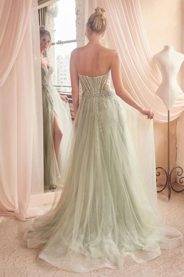 Sage Green Beaded Strapless Tulle Slit Train Maxi Evening Dresses