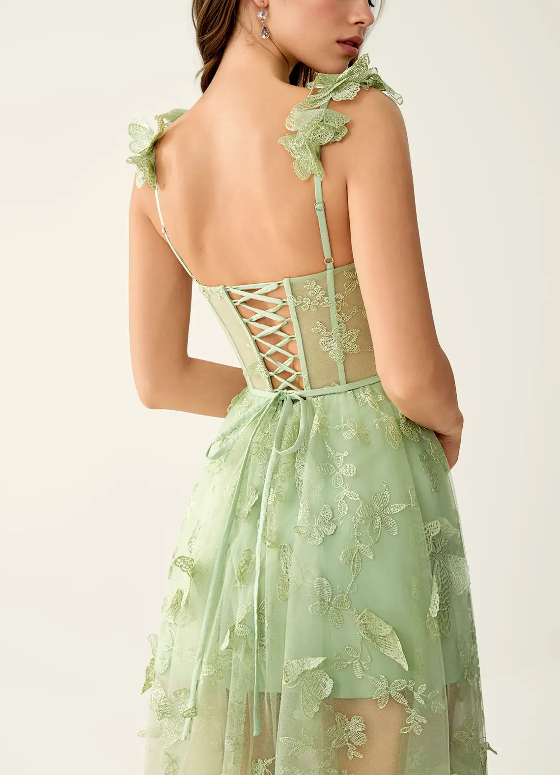 Sage Green Butterfly Lace Corset Tulle Evening Dress