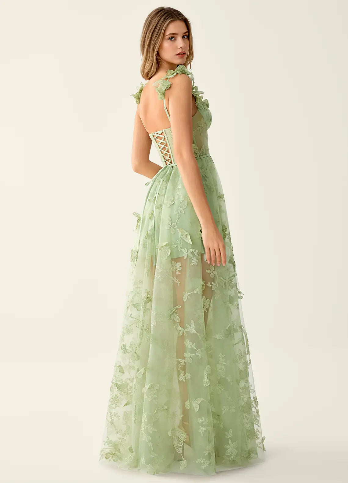 Sage Green Butterfly Lace Corset Tulle Evening Dress