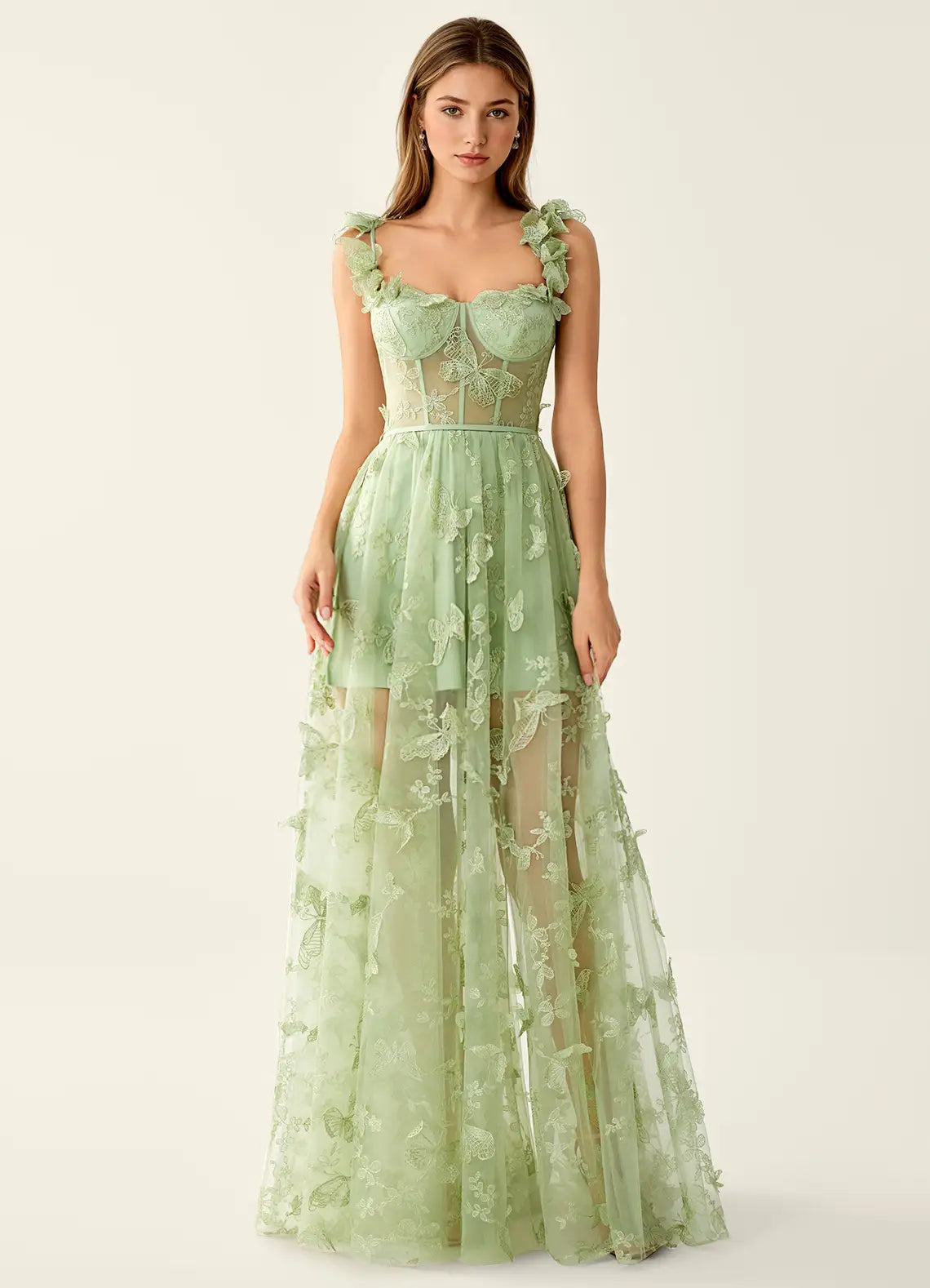 Sage Green Butterfly Lace Corset Tulle Evening Dress