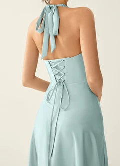 Sage Green Chiffon Halter Neck Lace-Up High Low Maxi Evening Dresses