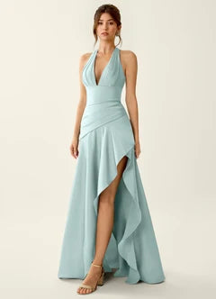 Sage Green Chiffon Halter Neck Lace-Up High Low Maxi Evening Dresses