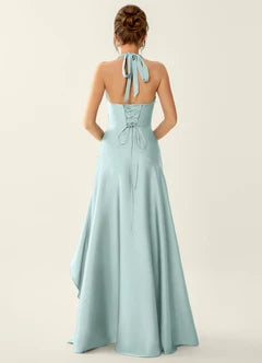 Sage Green Chiffon Halter Neck Lace-Up High Low Maxi Evening Dresses