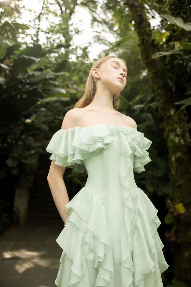 Sage Green Chiffon Maxi Prom Dresses with Off Shoulder Ruffle Tiered Ruffle Skirt for Prom and Garden Wedding