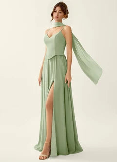Sage Green Chiffon Scarf Neck Slit Maxi Evening Dresses