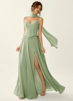 Sage Green Chiffon Scarf Neck Slit Maxi Evening Dresses