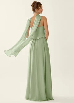 Sage Green Chiffon Scarf Neck Slit Maxi Evening Dresses