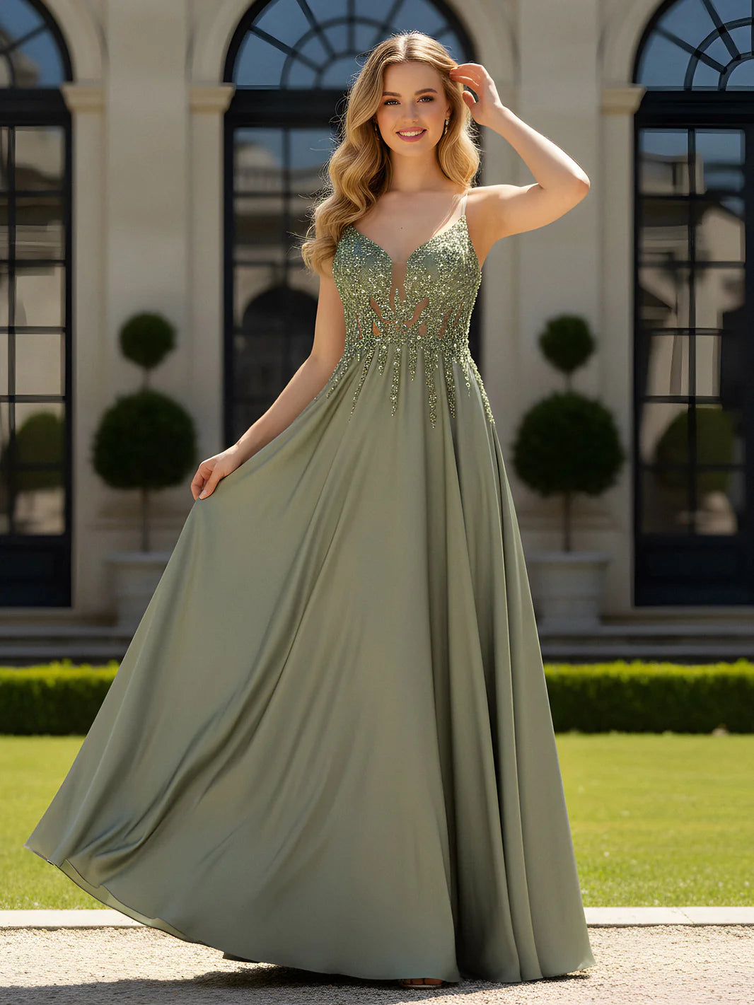 Sage Green Chiffon Sequin Appliqué Spaghetti Strap A-Line Evening Dresses