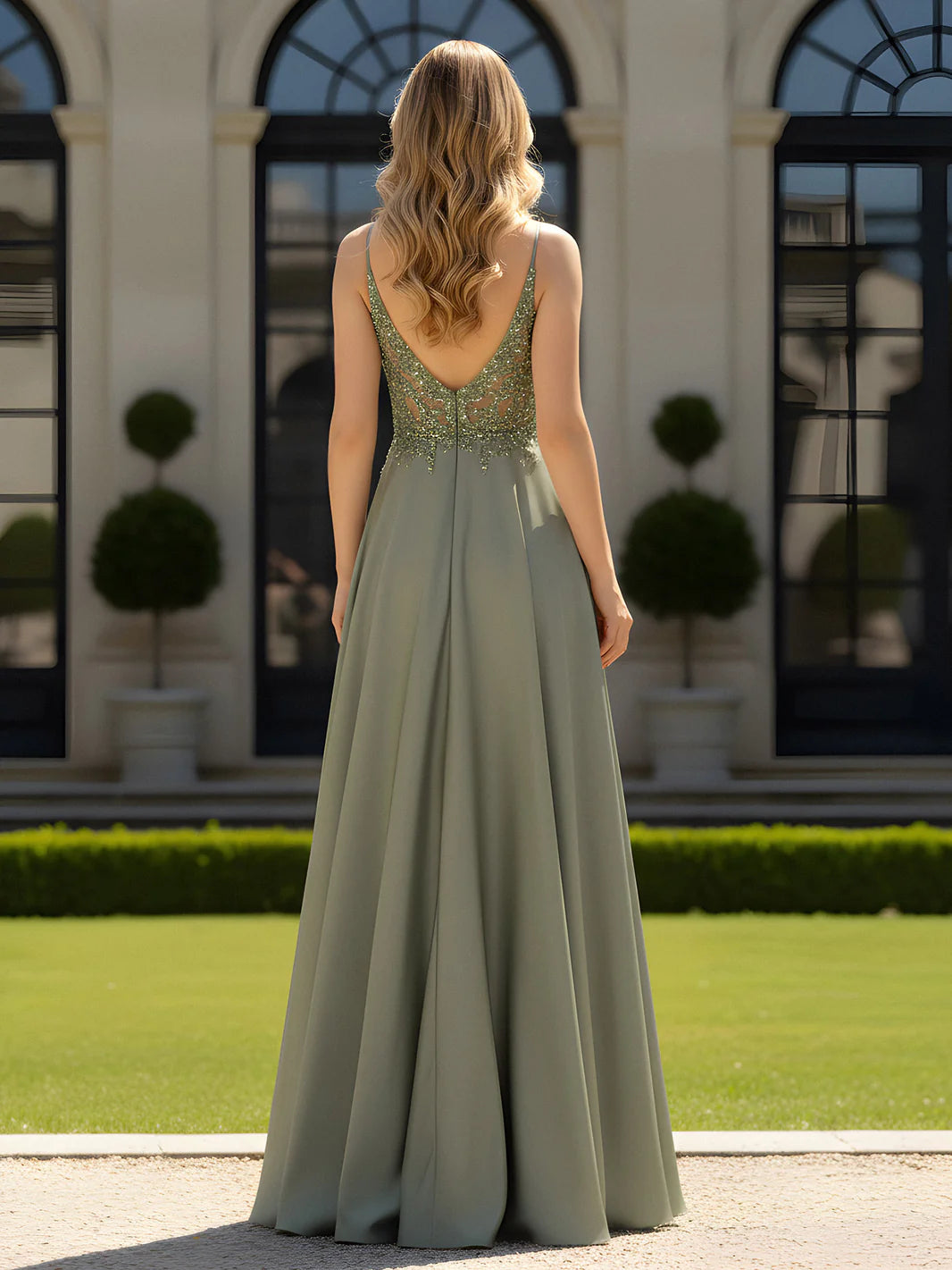 Sage Green Chiffon Sequin Appliqué Spaghetti Strap A-Line Evening Dresses