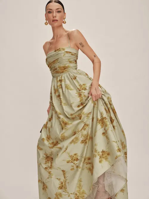 Sage Green Convertible Strapless Floral Print Maxi Prom Dress
