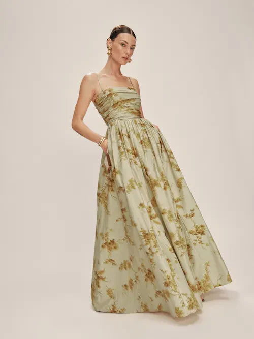 Sage Green Convertible Strapless Floral Print Maxi Prom Dress