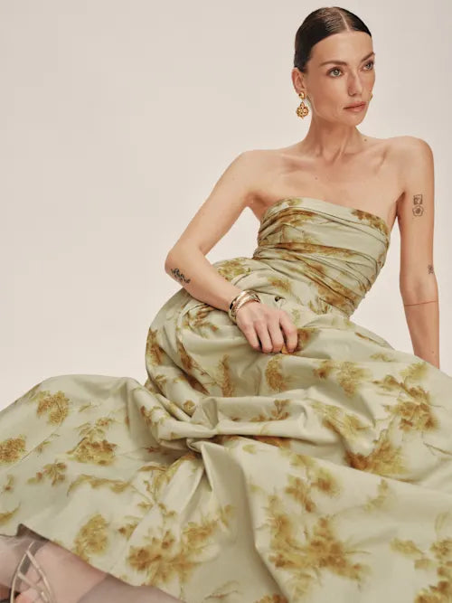 Sage Green Convertible Strapless Floral Print Maxi Prom Dress