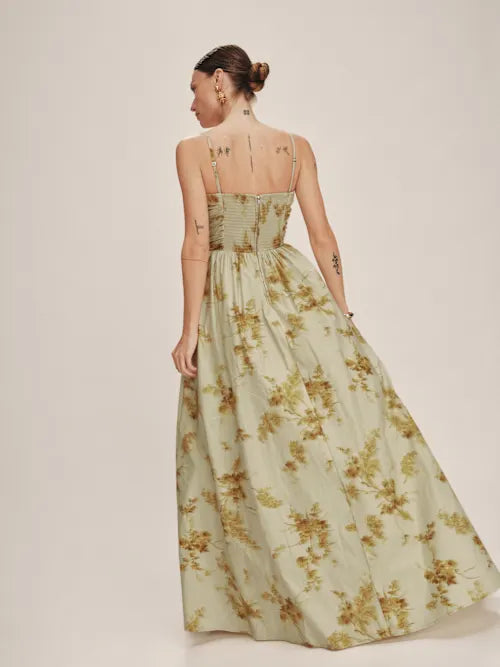 Sage Green Convertible Strapless Floral Print Maxi Prom Dress