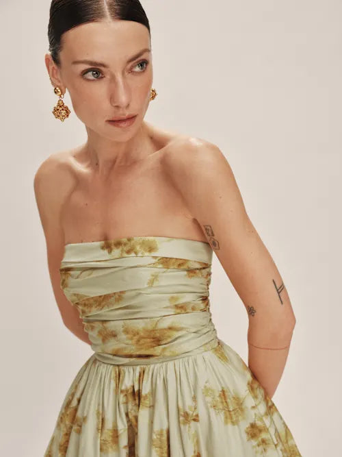 Sage Green Convertible Strapless Floral Print Maxi Prom Dress