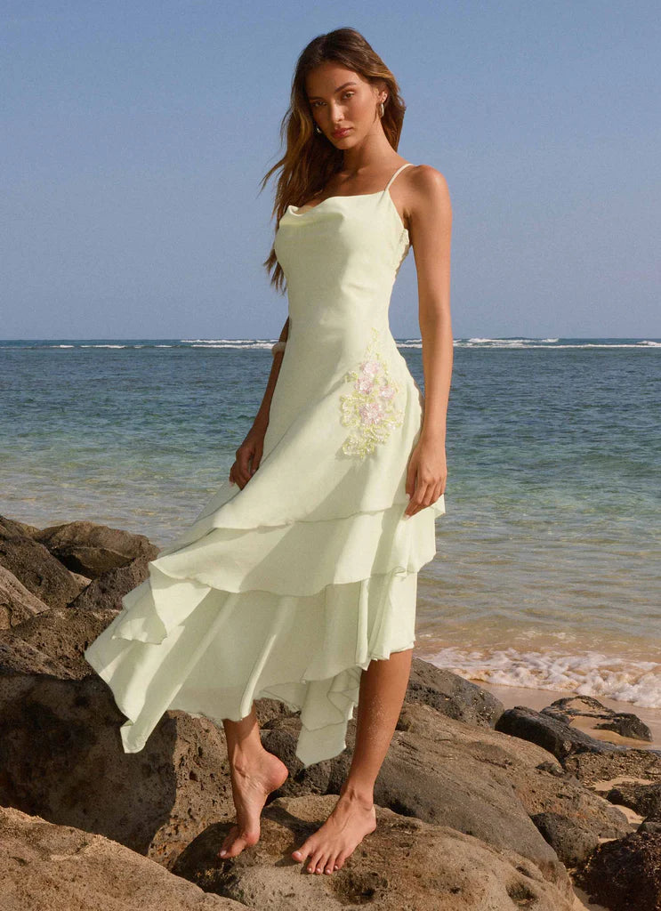 Sage Green Cowl Neck Embroidered Asymmetrical Tiered Midi Dresses