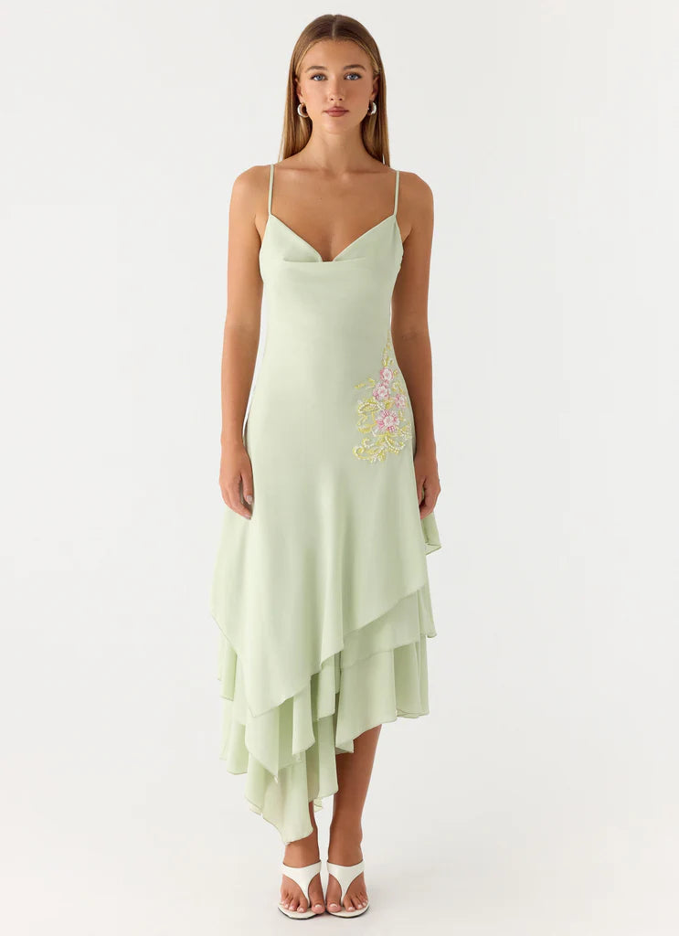 Sage Green Cowl Neck Embroidered Asymmetrical Tiered Midi Dresses
