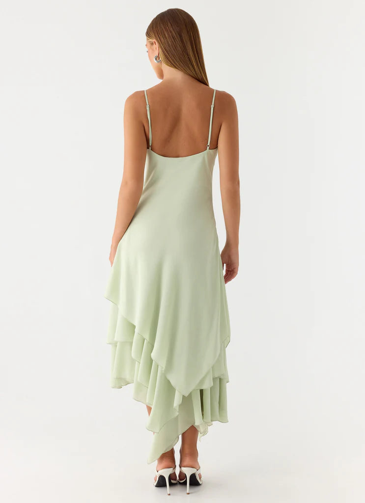 Sage Green Cowl Neck Embroidered Asymmetrical Tiered Midi Dresses