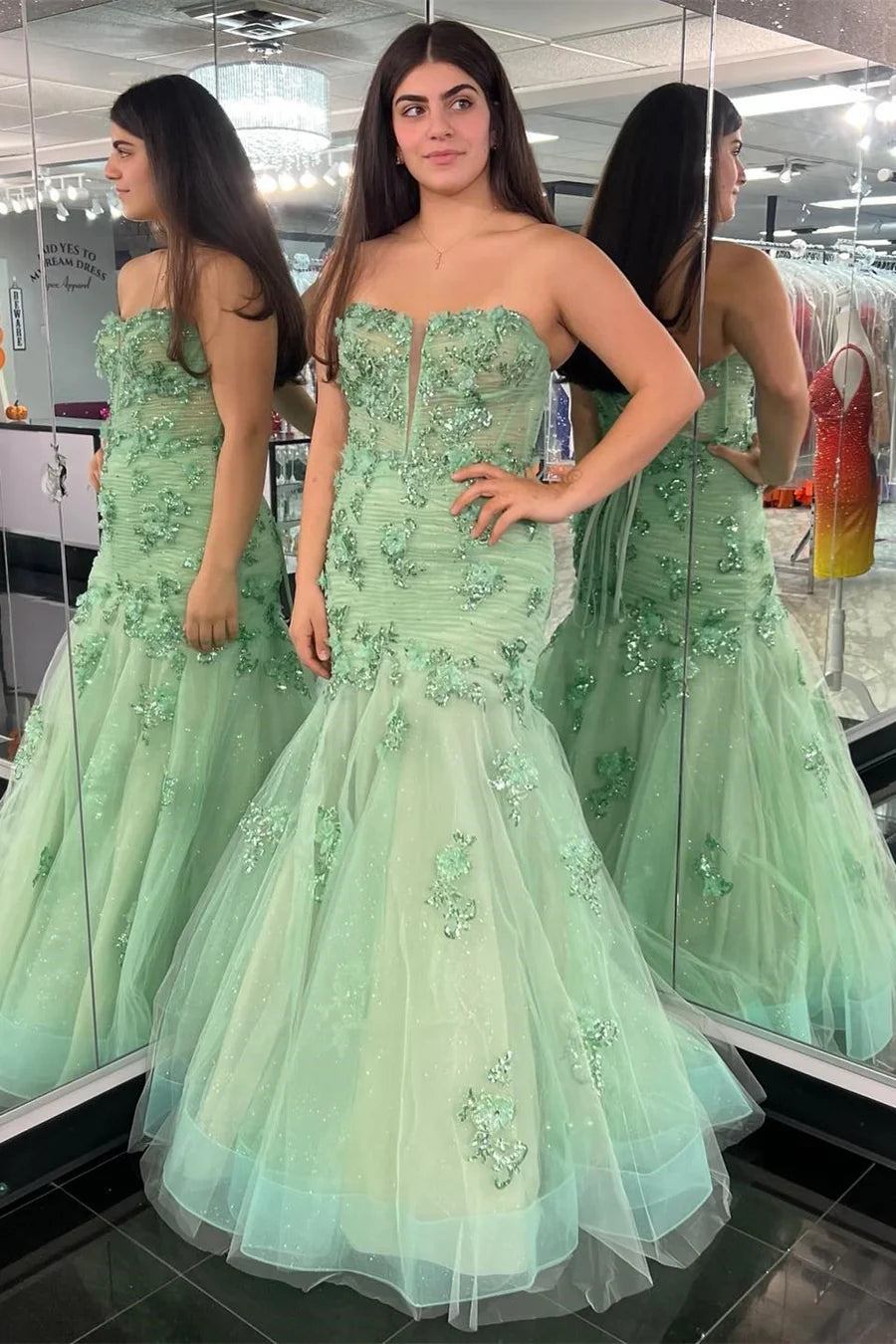 Sage Green Decal Strapless Long Dress
