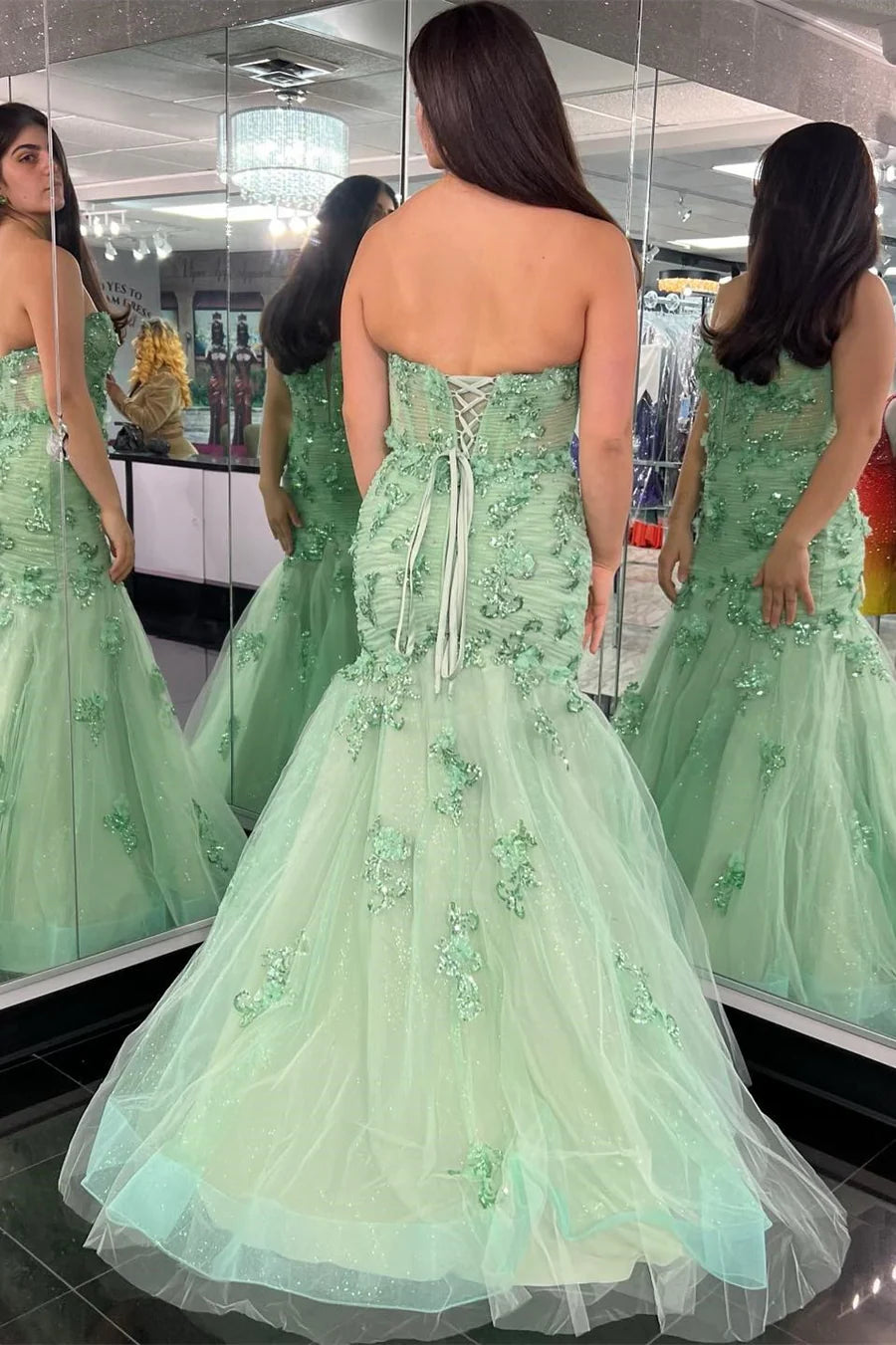 Sage Green Decal Strapless Long Dress