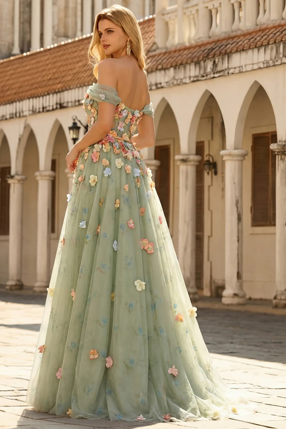 Sage Green Floral Applique Evening Dresses