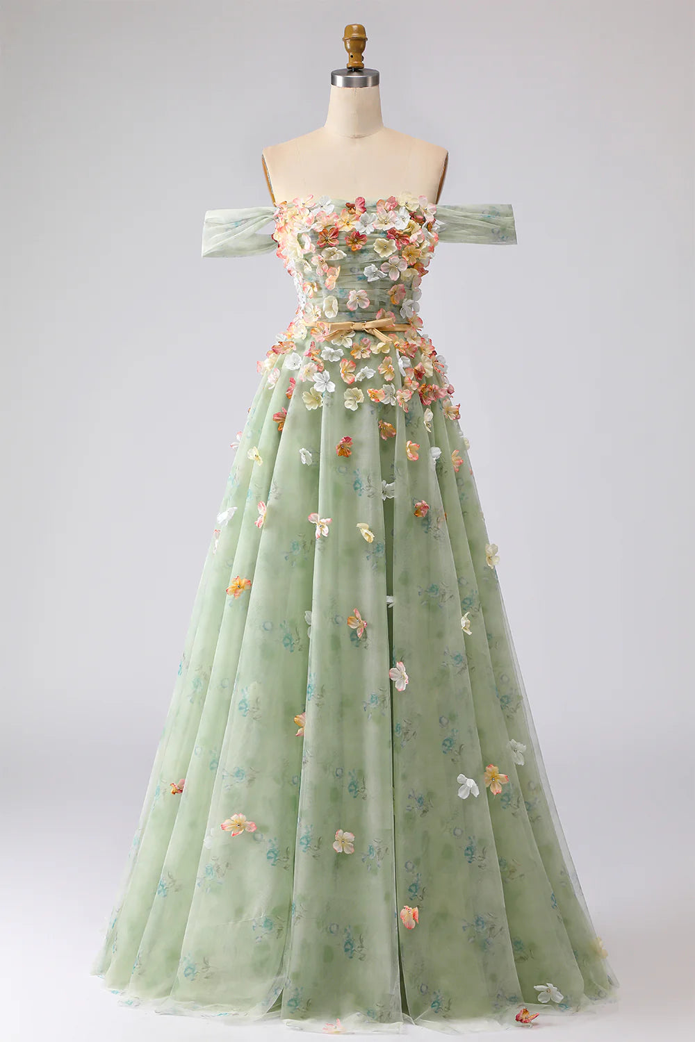 Sage Green Floral Applique Evening Dresses