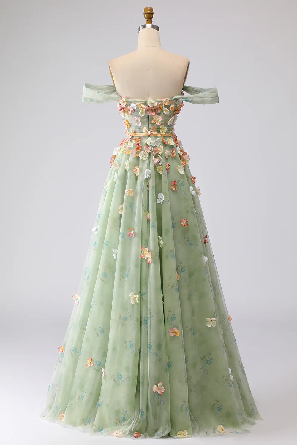 Sage Green Floral Applique Evening Dresses