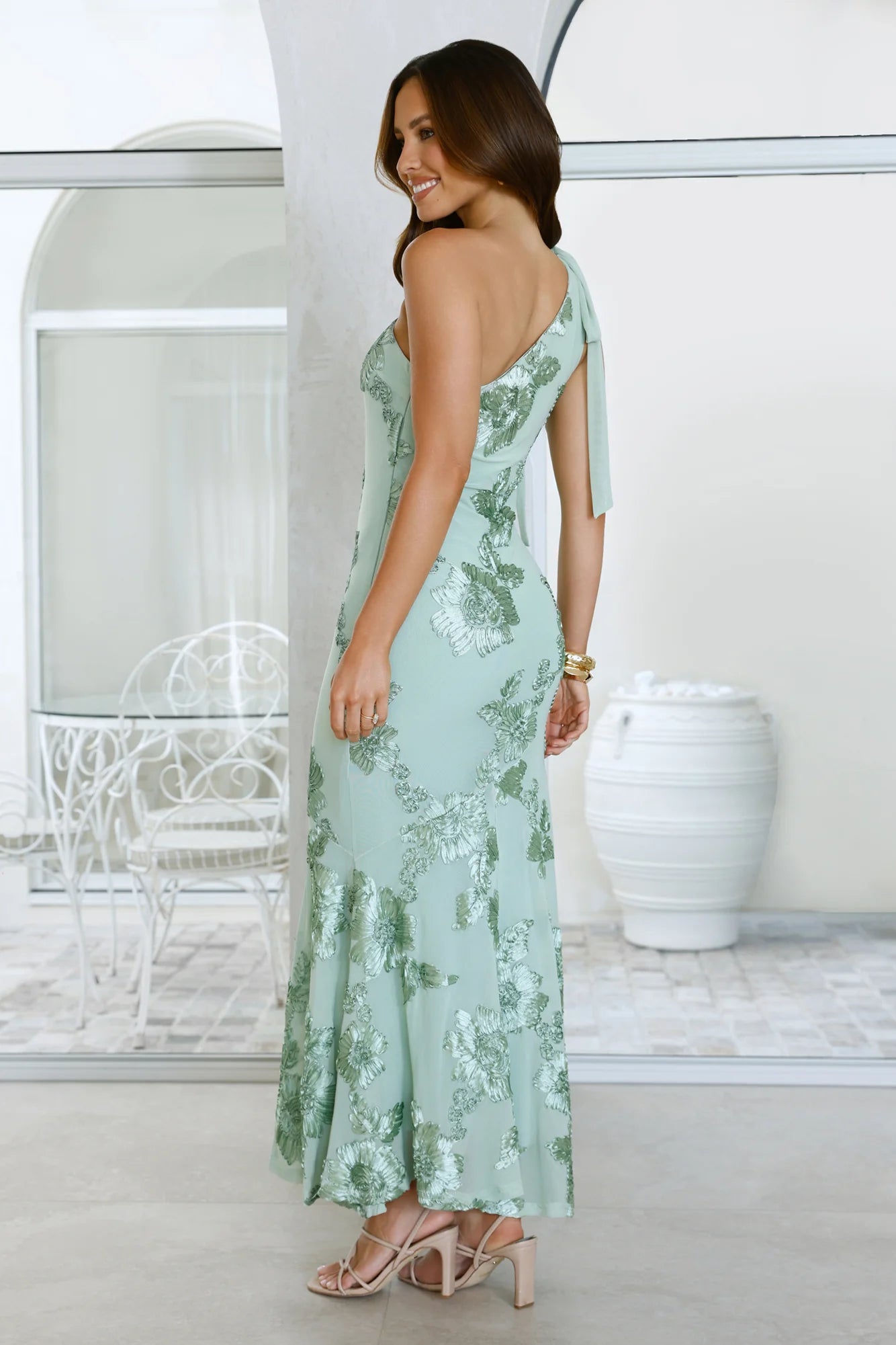 Sage Green Floral Applique One-Shoulder Maxi Evening Dresses with Mermaid Hem