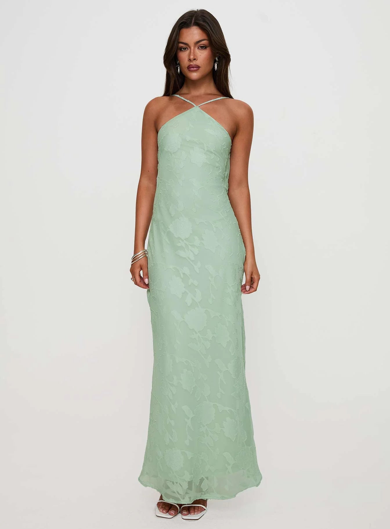 Sage Green Floral Burnout Cross Back Cowl Maxi Evening Dresses