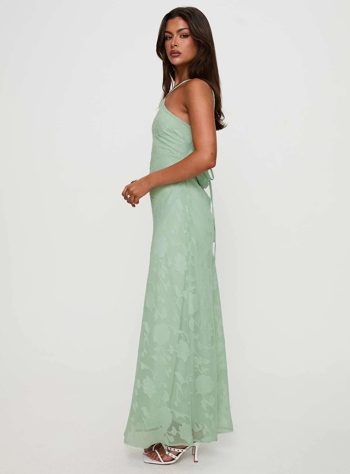 Sage Green Floral Burnout Cross Back Cowl Maxi Evening Dresses