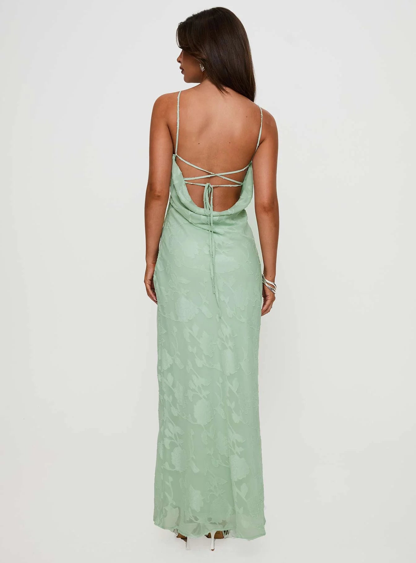 Sage Green Floral Burnout Cross Back Cowl Maxi Evening Dresses