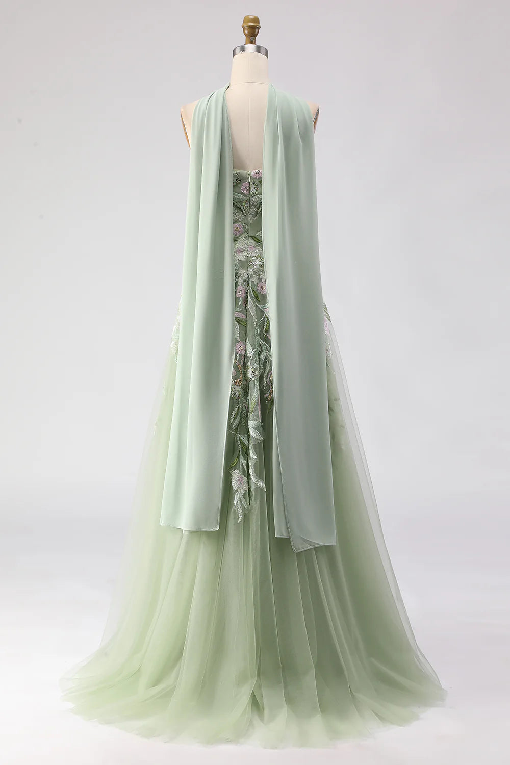 Sage Green Floral Embroidered Strapless Halter High Slit Maxi Evening Dresses