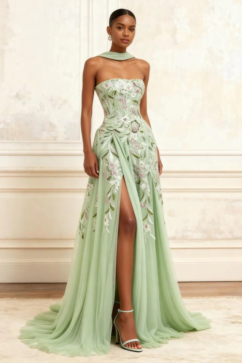 Sage Green Floral Embroidered Strapless Halter High Slit Maxi Evening Dresses
