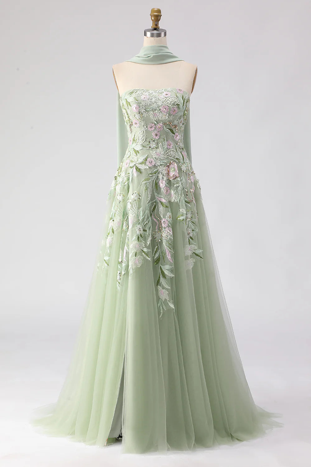 Sage Green Floral Embroidered Strapless Halter High Slit Maxi Evening Dresses