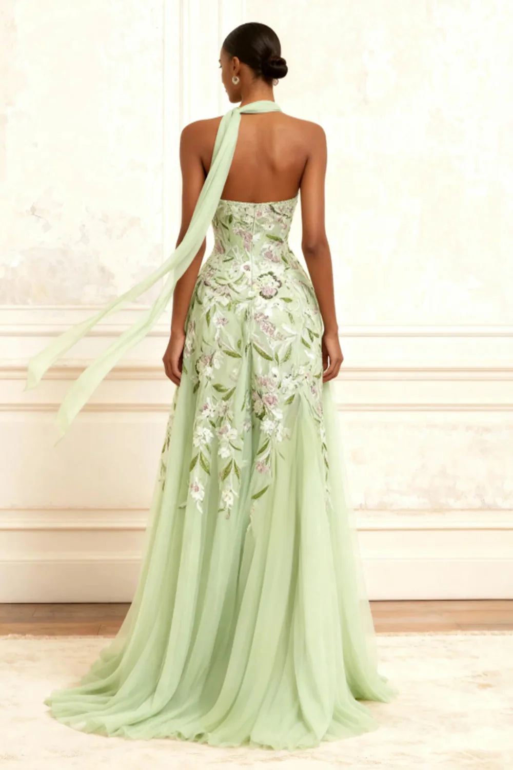 Sage Green Floral Embroidered Strapless Halter High Slit Maxi Evening Dresses
