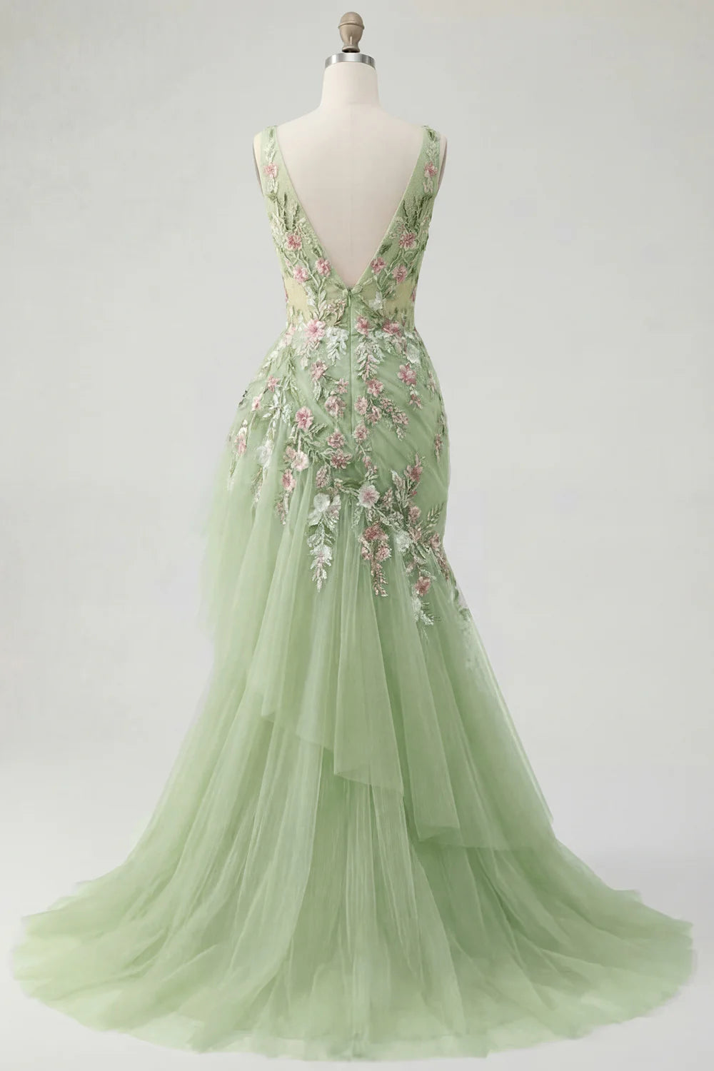 Sage Green Floral Embroidered Tulle A-Line Evening Dresses