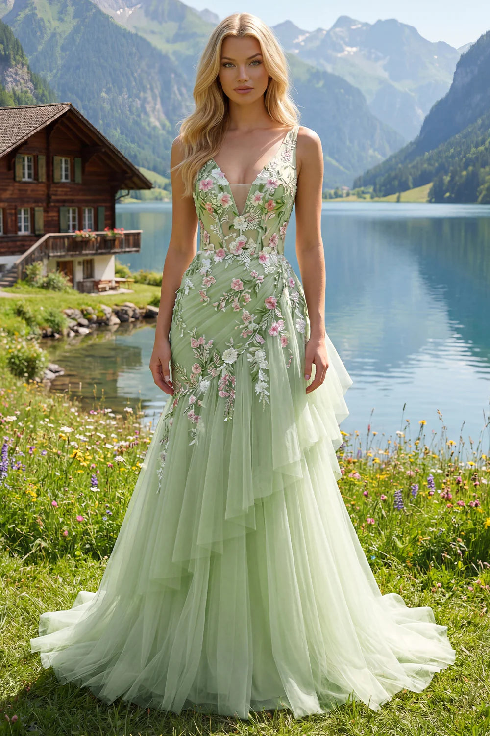 Sage Green Floral Embroidered Tulle A-Line Evening Dresses