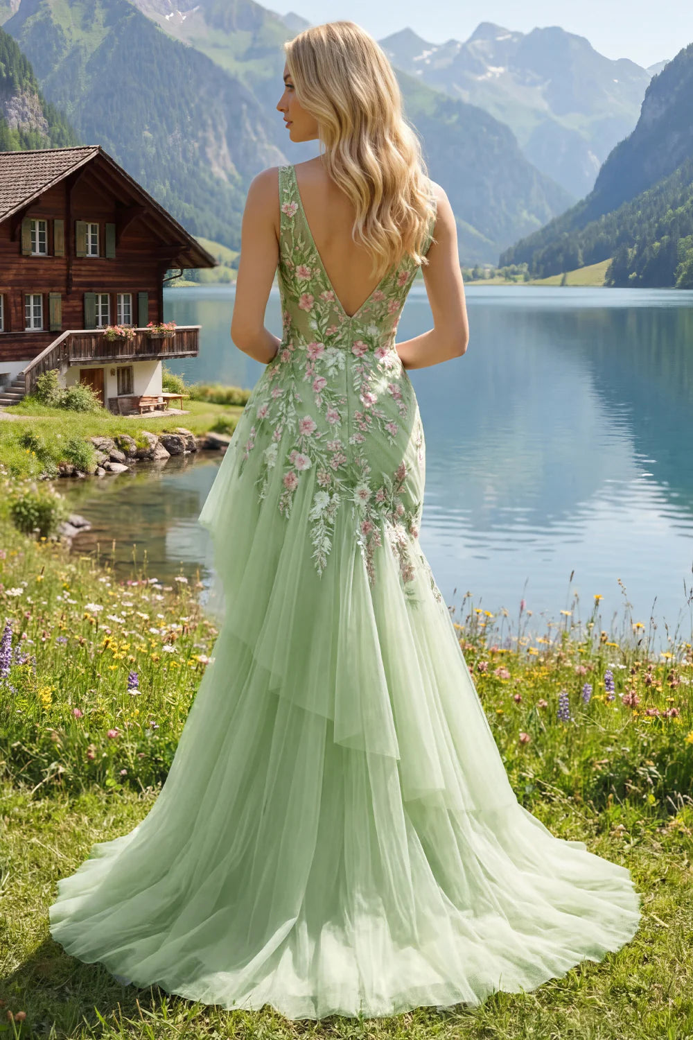 Sage Green Floral Embroidered Tulle A-Line Evening Dresses
