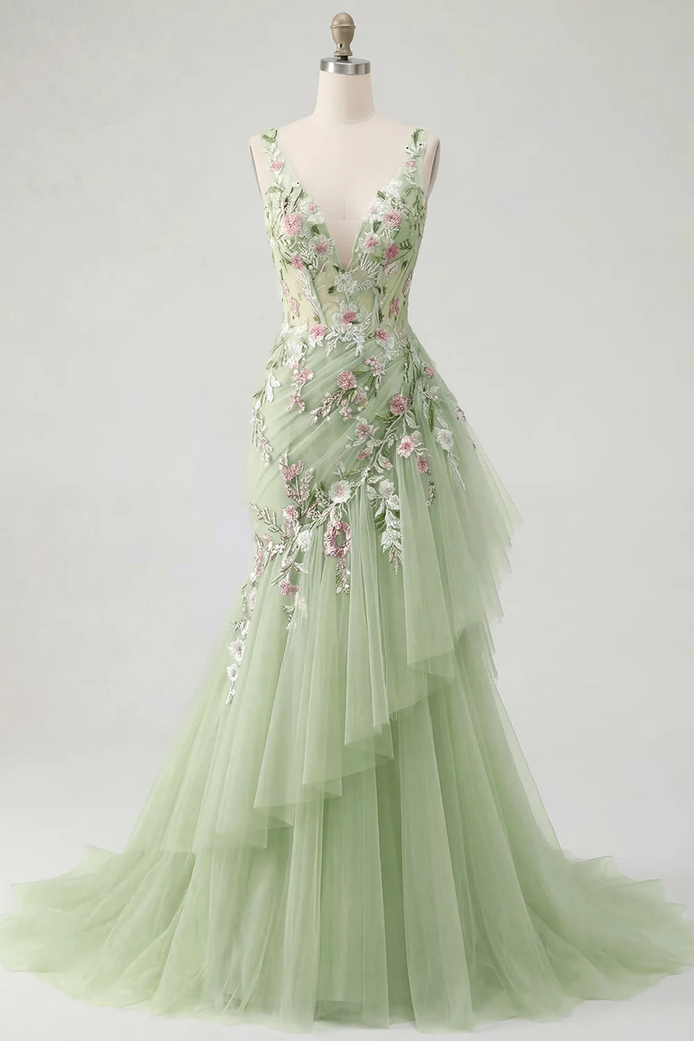 Sage Green Floral Embroidered Tulle A-Line Evening Dresses