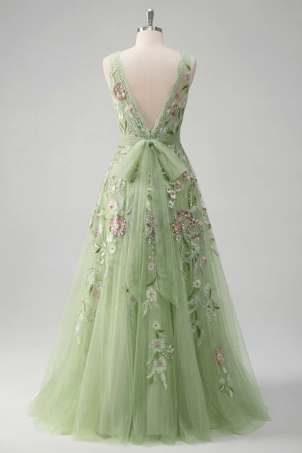 Sage Green Floral Embroidered Tulle A-Line Evening Dresses with Bow Back