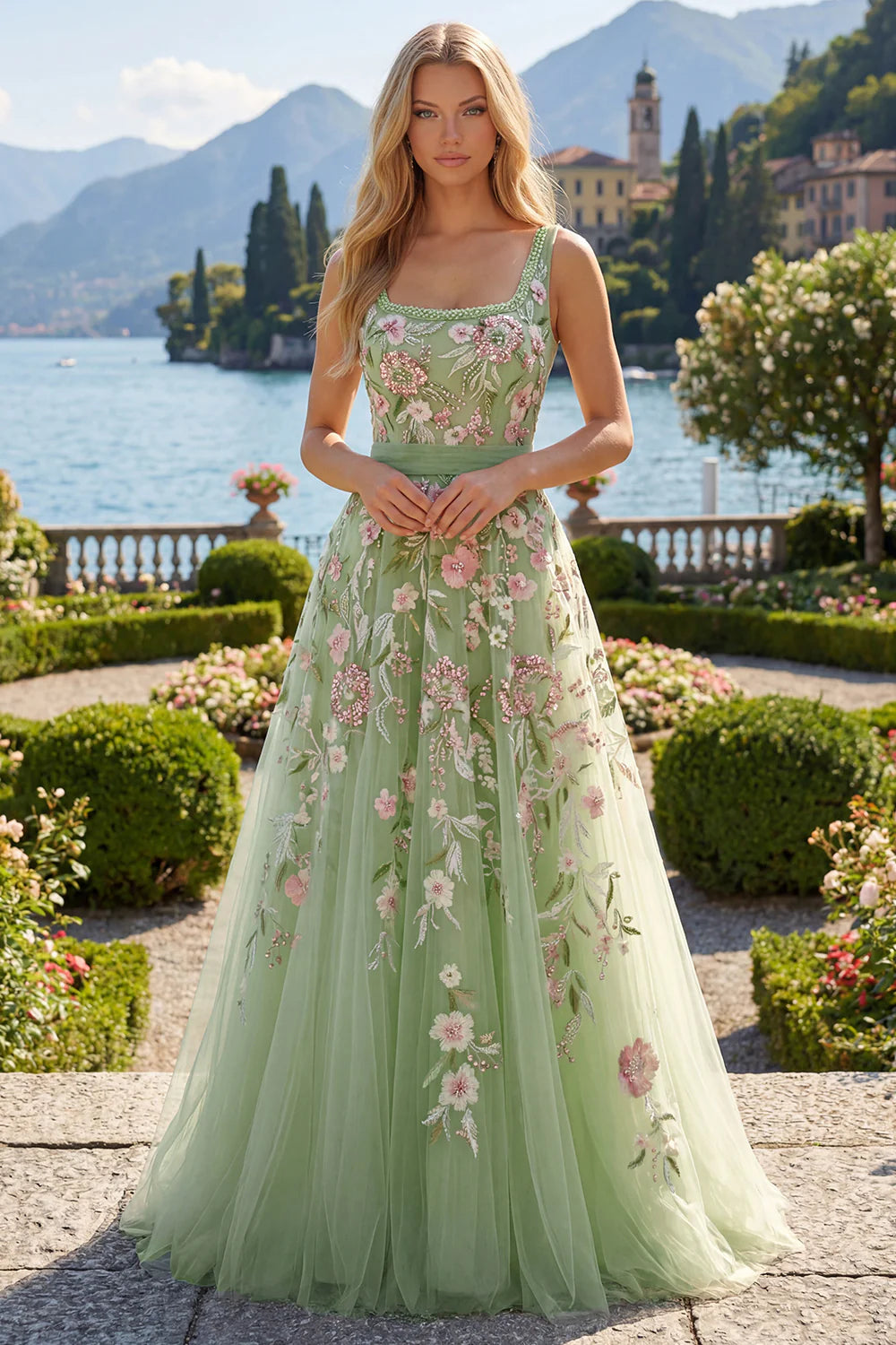 Sage Green Floral Embroidered Tulle A-Line Evening Dresses with Bow Back