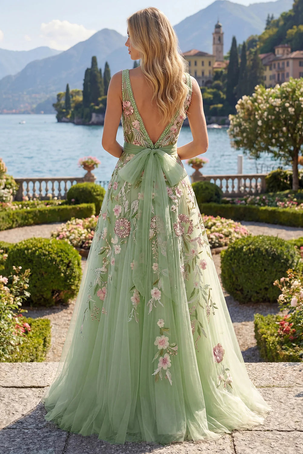 Sage Green Floral Embroidered Tulle A-Line Evening Dresses with Bow Back