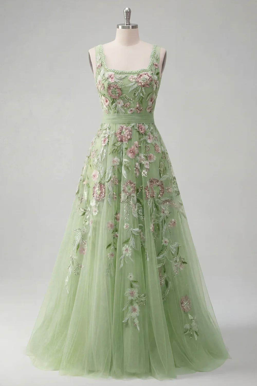 Sage Green Floral Embroidered Tulle A-Line Evening Dresses with Bow Back