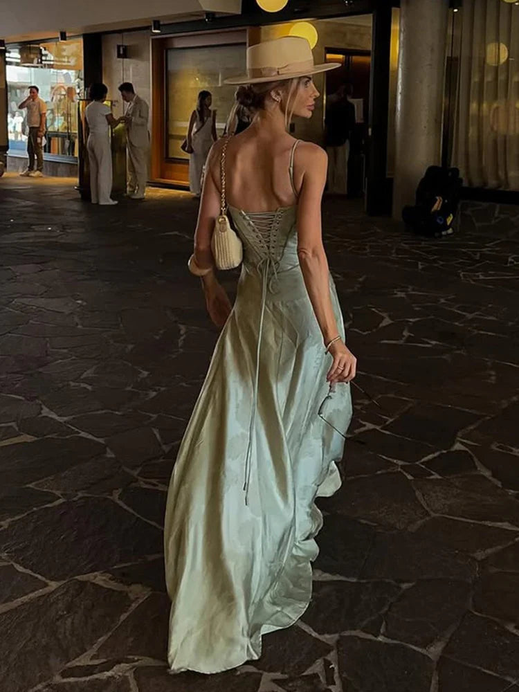 Sage Green Floral Jacquard Lace-Up Back Maxi Dresses
