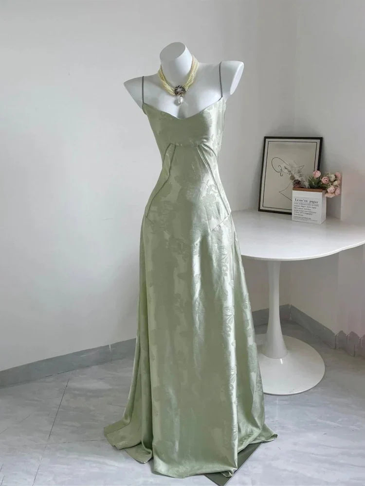 Sage Green Floral Jacquard Satin Spaghetti Strap Lace-Up Back Maxi Prom Dress