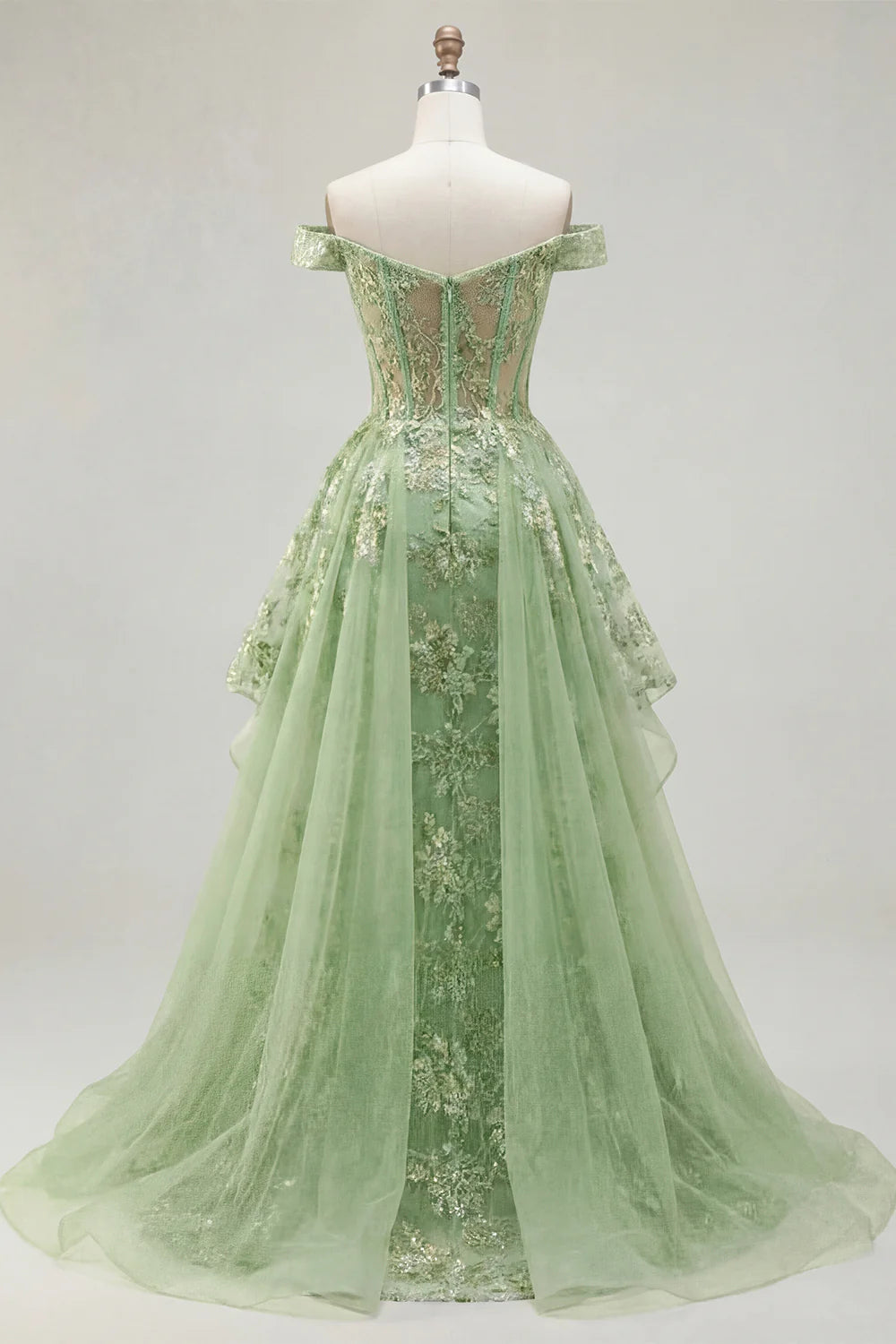 Sage Green Floral Lace Off-the-Shoulder Tiered Evening Dresses