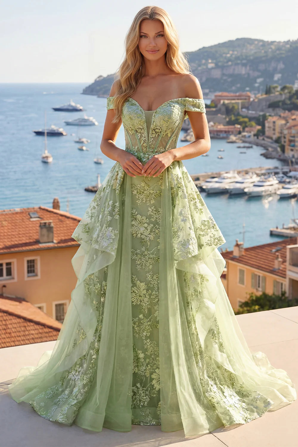 Sage Green Floral Lace Off-the-Shoulder Tiered Evening Dresses